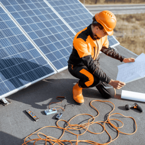 A Solar technician wearing a hard hat and an orange safety vest, clutching documentation for the installation of solar panels by SolarUp.